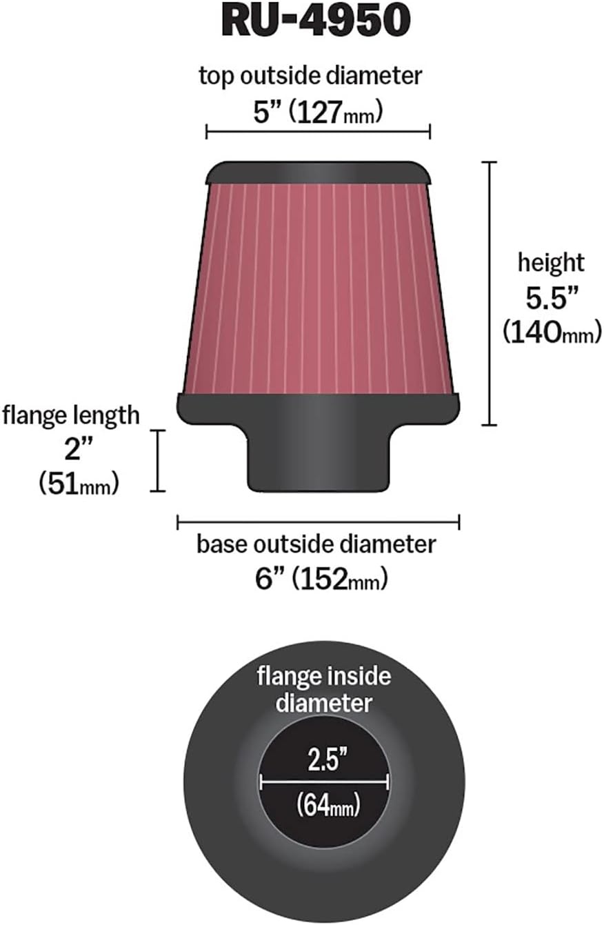 image:imageKampN HighFlow Original Lifetime Universal ClampOn Air Filter High Performance Premium Washable Flange Diameter 25 In Filter Height 55 In Flange Length 2 In Shape Round Tapered RU4950Pack of 1
