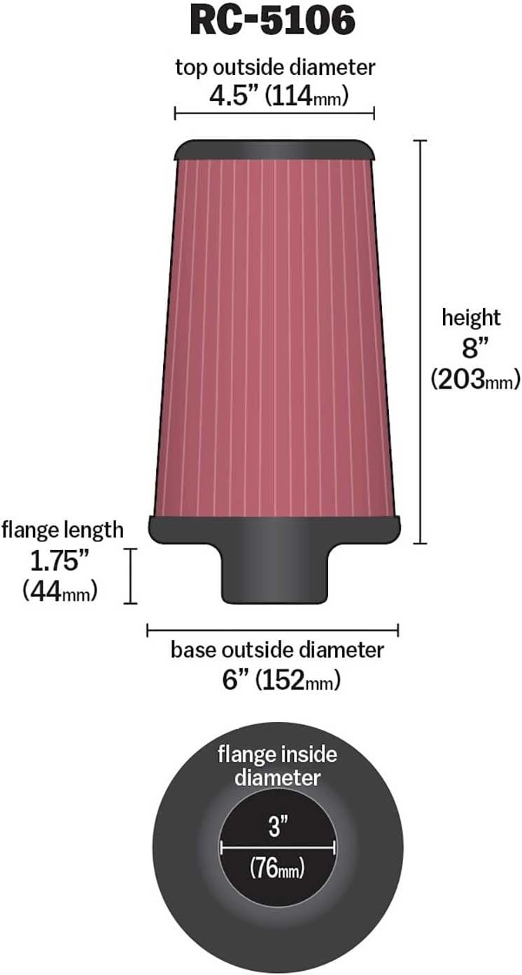 image:imageKampN HighFlow Original Lifetime Universal ClampOn Air Filter High Performance Premium Washable Flange Diameter 3 In Filter Height 8 In Flange Length 175 In Shape Round Tapered RC5106