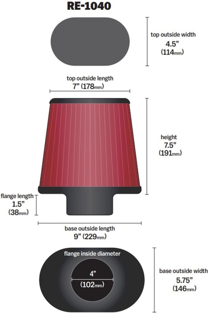 image:imageKampN HighFlow Original Lifetime Universal ClampOn Air Filter High Performance Premium Washable Flange Diameter 4 In Filter Height 75 In Flange Length 15 In Shape Oval Tapered RE1040