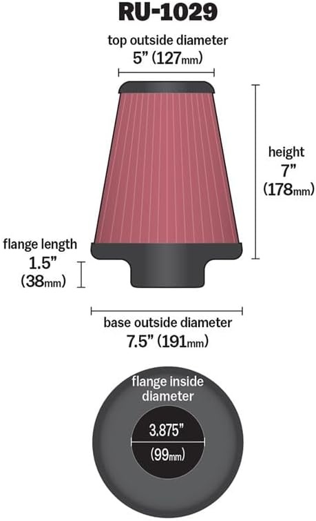 image:imageKampN HighFlow Original Lifetime Universal ClampOn Air Filter Performance Premium Washable Flange Diameter 3875 In Filter Height 70 In Flange Length 15 In Shape Round Tapered RU1029