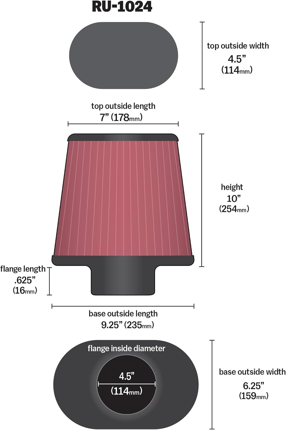 image:imageKampN HighFlow Original Lifetime Universal ClampOn Air Filter Performance Premium Washable Flange Diameter 45 In Filter Height 10 In Flange Length 0625 In Shape Round Tapered RU1024