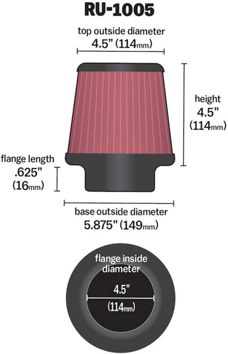 image:imageKampN HighFlow Original Lifetime Universal ClampOn Air FilterPerformance Premium Washable Flange Diameter 45 In Filter Height 45 In Flange Length 0625 In Shape Round Tapered RU1005412in